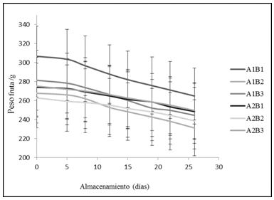 Variación del peso en
pitahaya en los tres estados de madurez
(B1, B2 y B3) almacenadas a temperatura
ambiente (A1) y frío (A2) hasta  

los 26 días
