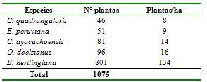 Densidad poblacional de las especies endémicas de la Familia
Cactaceae en el cerro San Cristóbal,   comunidad de Compañía, distrito de Pacaycasa. Ayacucho
2013