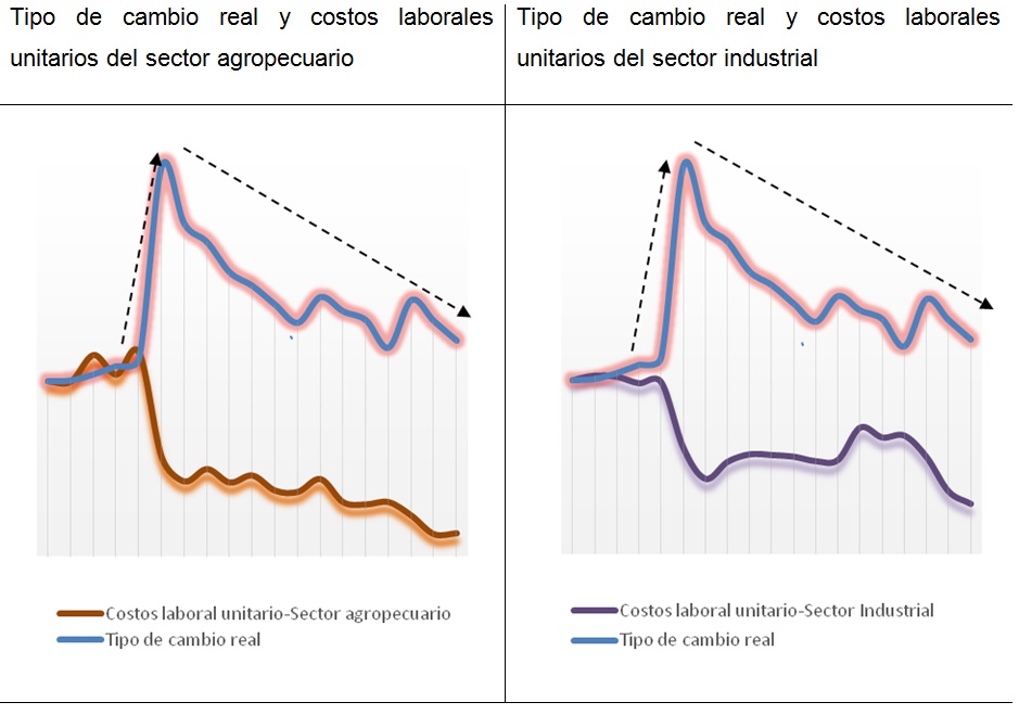 Evolución del tipo de cambio real y costos unitarios
laborales por rama de actividad para la Argentina. Período 1997-2015. Índice
1997 = 100