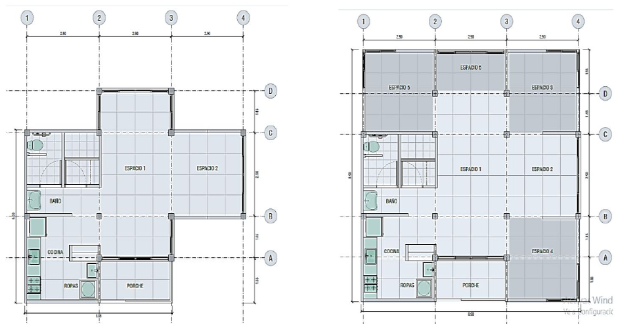 Dinámica espacial arquitectónica (lado izquierdo: vivienda de
área 50 m2,
lado derecha: vivienda 80 m2).