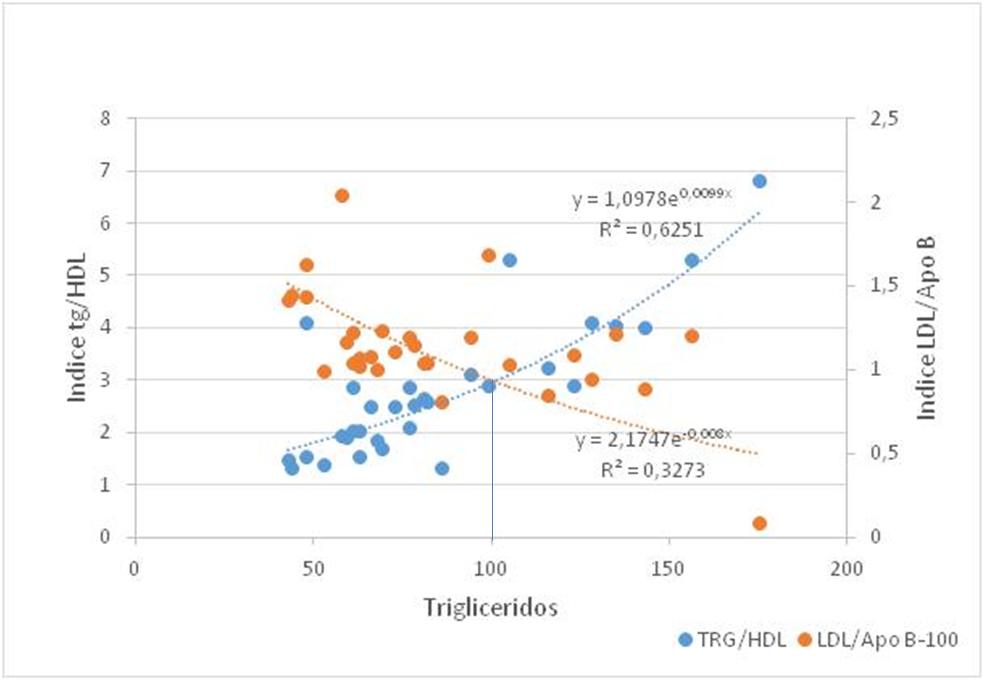  Relación entre los valores basales de triglicéridos (TRG) y
los índices LDL/APO B-100 y TRG/HDL