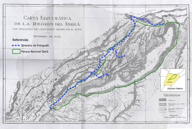Carta esquemática de la región del Iberá.
Publicada por Frenguelli en 1924. En línea punteada se muestra el itinerario
seguido por el autor. Escala 1:1.000.000