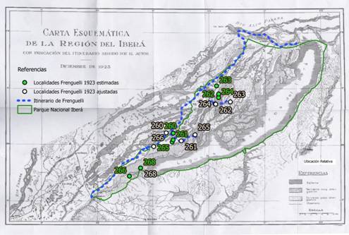 Carta esquemática de la
región del Iberá, indicando la ubicación de las localidades de Frenguelli
estimadas y ajustadas. Escala 1:1.000.000