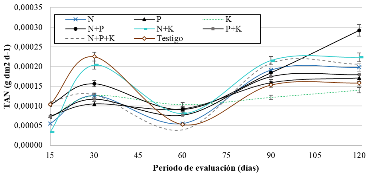 Tasa Asimilación Neta en función del período de
evaluación (días). T1 (N: Urea), T2(P2O5: DAP), T3 (K2O:
KCl, T4 (N + P2O5: Urea + DAP), T5 (N + K2O: Urea
+ KCl), T6 (P2O5 + K2O:
DAP + KCl), T7(N+ P2O5 + K2O:
Urea+ DAP + KCl) y T8
(Testigo sin aplicación).
