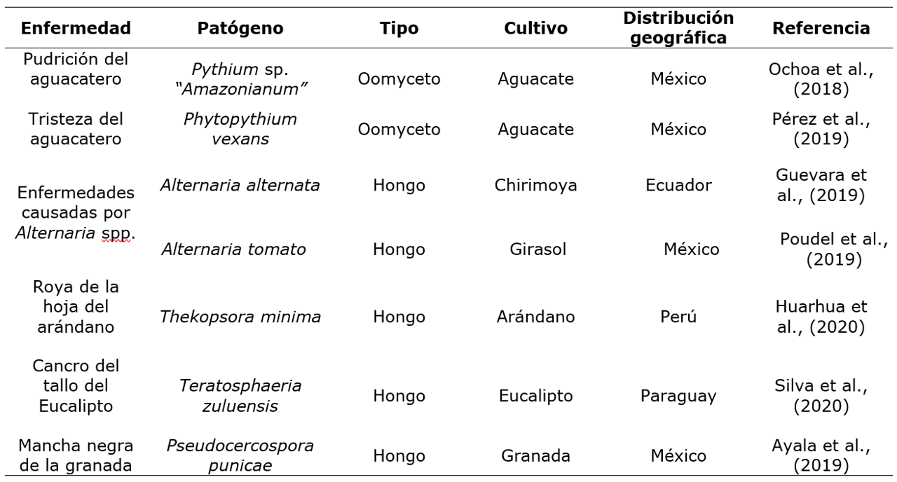 Algunos primeros reportes de enfermedades causadas por hongos y
oomycetes en cultivos de América Latina en los años 2018-2019.