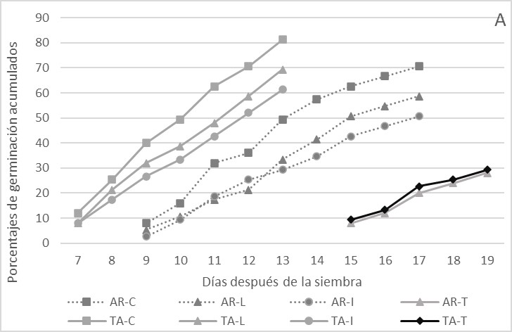 Porcentaje
de germinación acumulados a lo largo del tiempo en cada combinación de sustrato
(AR, TA) y tratamiento pregermiantivo (C, L, I, T).