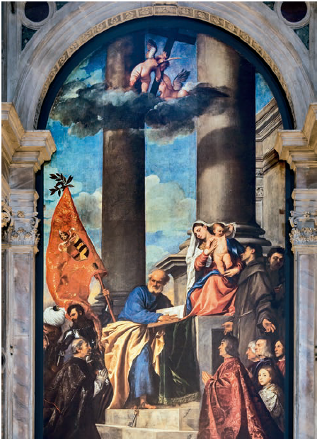 Tiziano, Sacra conversazione con i donatori Pesaro (Pala Pesaro)(Conversación sagrada con el donante Pesaro, 1519-1526)