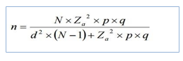 Fórmula general
para calcular una muestra de una población. Donde N = tamaño de la población Z
= nivel de confianza, P = probabilidad de éxito, o proporción esperada Q =
probabilidad de fracaso D = precisión (Error máximo admisible en términos de
proporción) (Pinker, 2015)