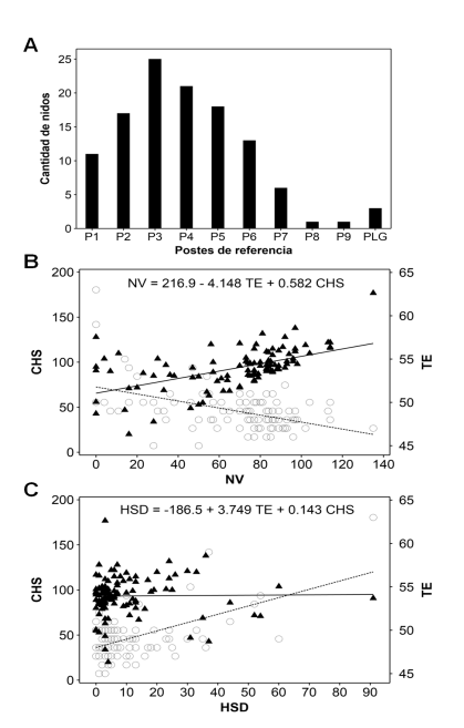  Distribución de nidos y
predictores del éxito de eclosión versus indicadores de desempeño en tortugas Lepidochelys olivacea y Chelonia mydas de Playa Lagarto, Los Santos, Panamá. A: 



 