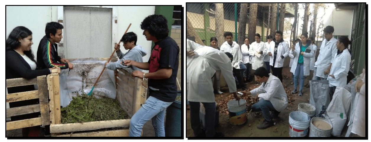 Figura 2. Estudiantes
de la Licenciatura de Ciencias Ambientales participando en actividades sobre la
gestión de residuos orgánicos.