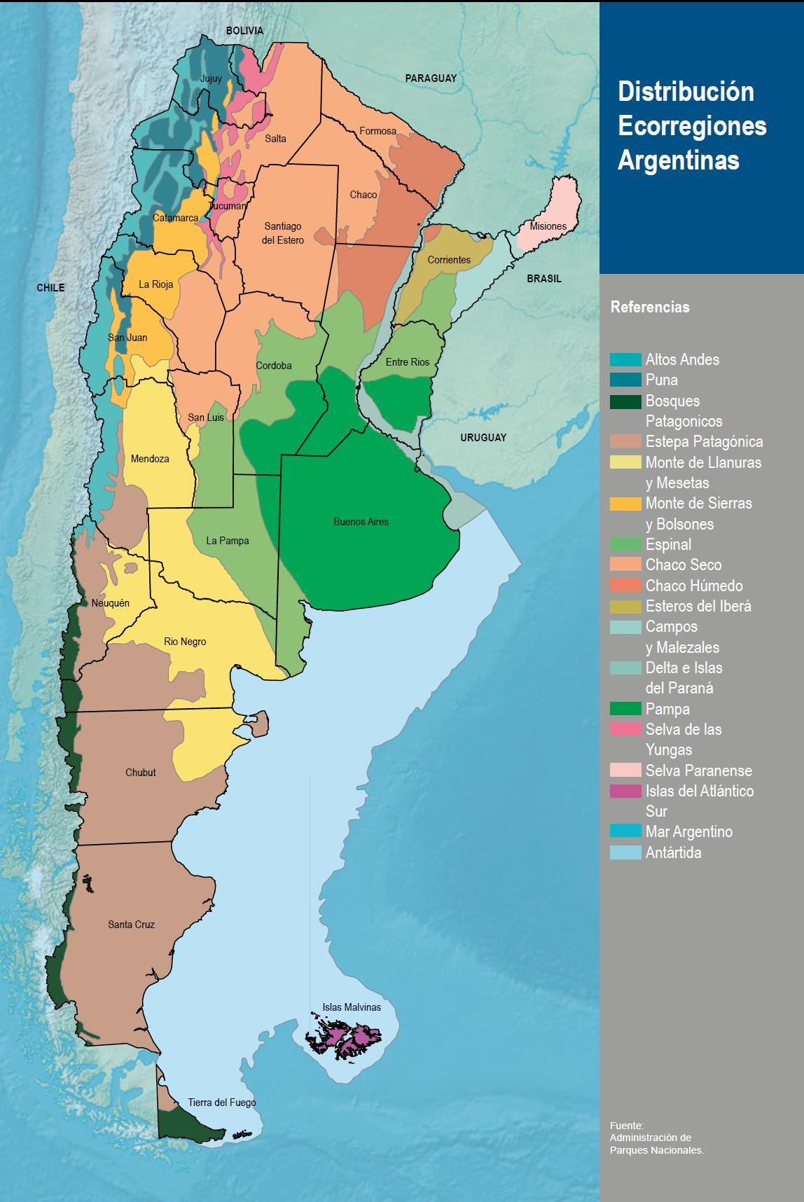 Figura 1.
Distribución de las ecorregiones en Argentina. En el recuadro rojo se delimitó
el área de estudio. 
