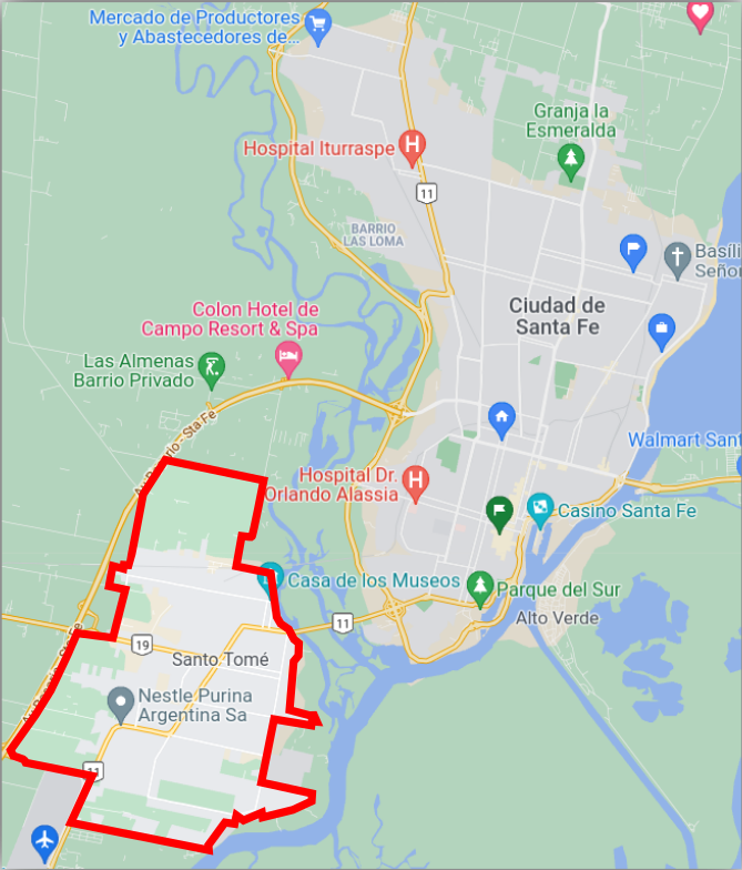 Localización
de la ciudad de Santo Tomé, en las cercanías de la capital provincial (Santa
Fe).