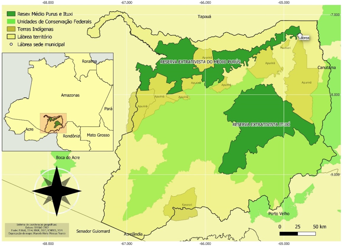 Localização das Resex Médio
Purus e Ituxi no município de Lábrea, sul do estado do Amazonas.