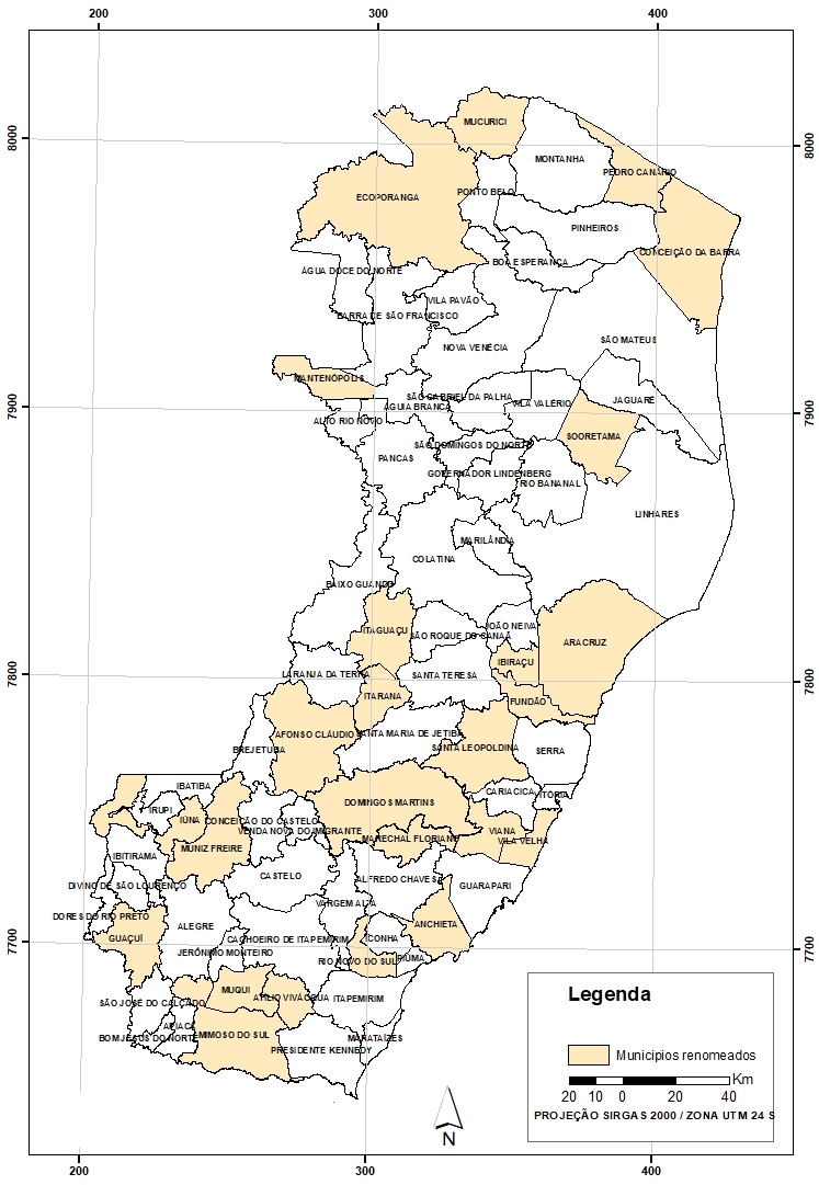 Mapa
da distribuição dos casos de renomeação geográfica no Espírito Santo.