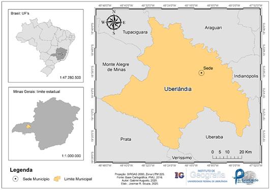 Localização do município de Uberlândia e do estado de Minas Gerais / Brasil.