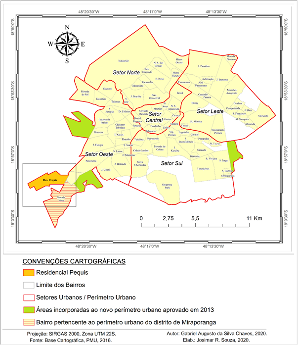 Localização do Residencial Pequis
em Uberlândia e identificação das áreas incorporadas ao novo perímetro urbano
aprovado em 2013.