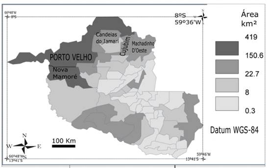 Mapa da área desmatada entre 2018 e 2019 no Estado
de Rondônia