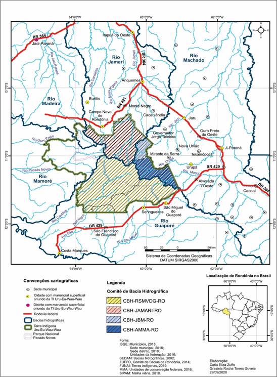 Mapa com identificação de CBHs na TI e áreas urbanas com abastecimento humano de
manancial proveniente da Terra Indígena Uru-Eu-Wau-Wau - RO