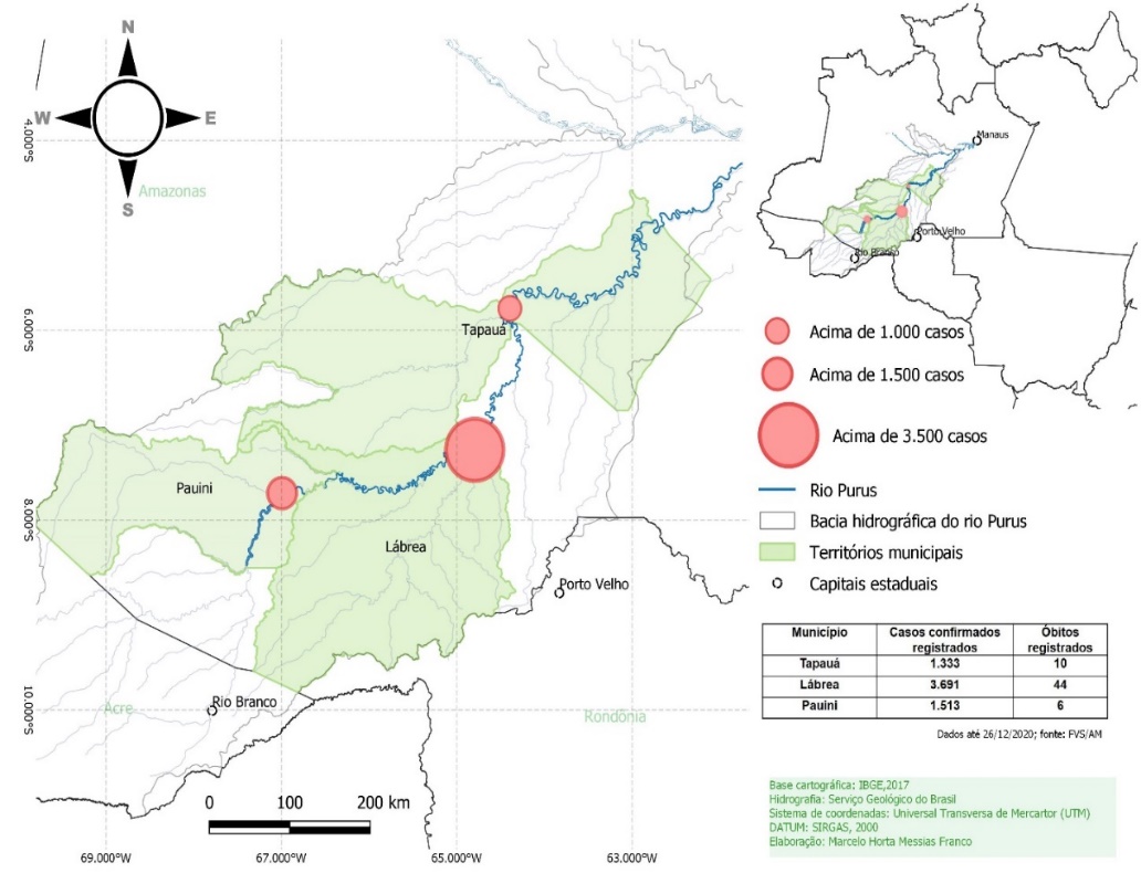 Incidência de casos da Covid-19 nos
municípios de Tapauá, Lábrea e Pauini, na bacia hidrográfica do rio Purus /AM
no ano de 2020