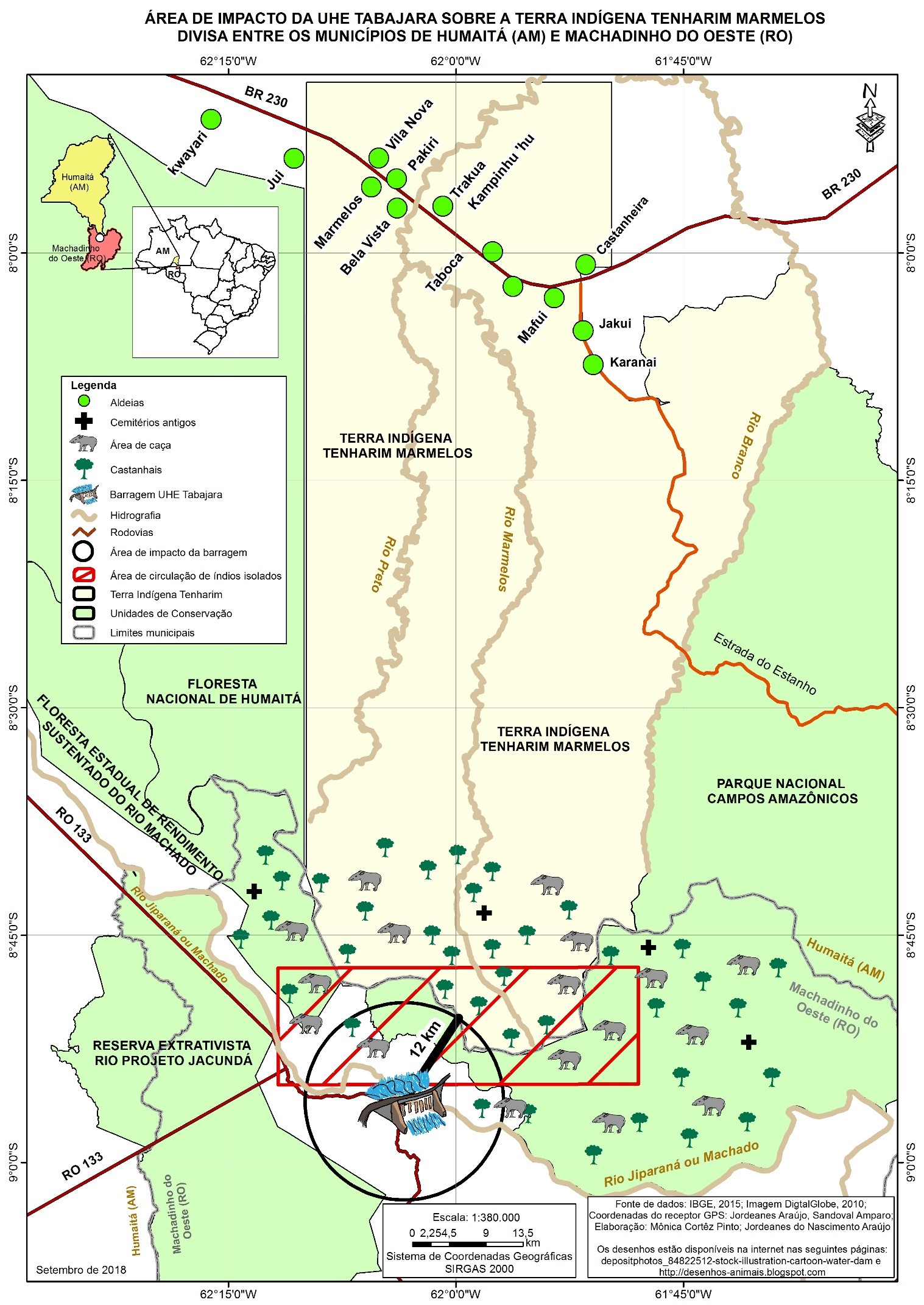 Área de impacto da UHE Tabajara sobre a terra
indígena Tenharin Marmelos – Divisa entre os municípios de Humaitá (AM) e Machadino do Oeste (RO)