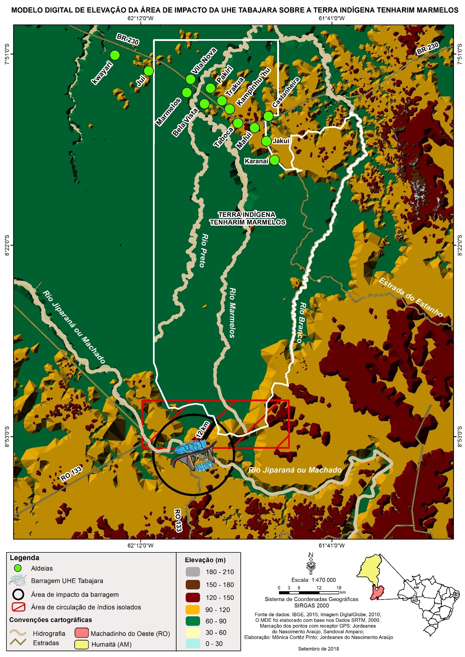 Modelo digital de elevação da área de impacto da UHE
Tabajara sobre a terra indígena Tenharin Marmelos