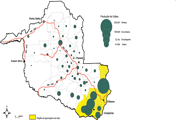 Rondônia:
regionalización del agronegócio de los granos (soja,
arroz e milho) (t) 