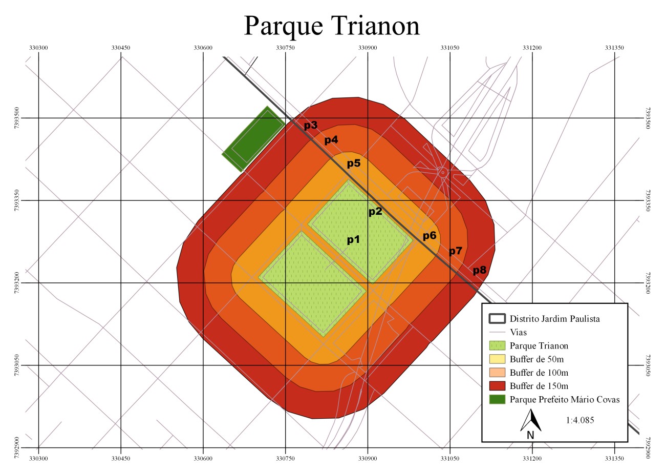 Parque Trianon com a delimitação da área de análise do entorno e pontos de
coleta de dados
