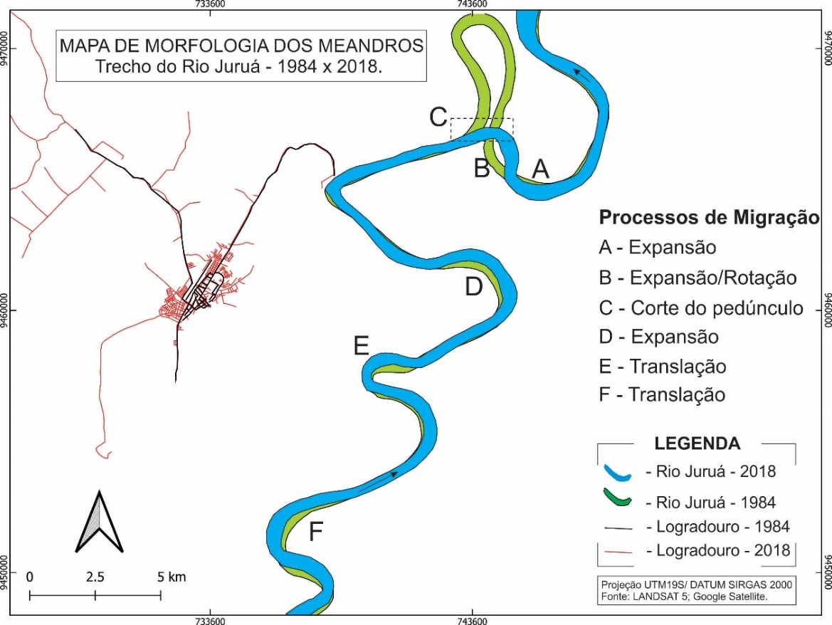 Classificação dos processos de
migração de meandros do canal do Rio Juruá, próximo ao município de
Carauari/AM.