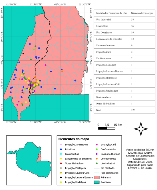  Localização das outorgas emitidas na bacia do Rio Machado, no período de
2011 a 2020, município de Ji-Paraná, RO