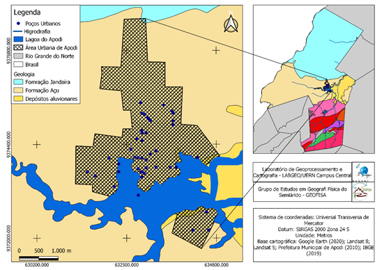 Mapa
geológico e localização dos poços urbanos monitorado pelo SIAGAS