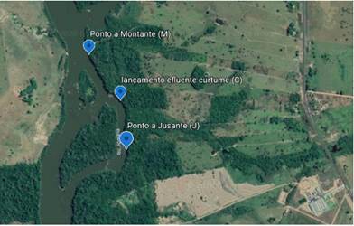 Localização dos pontos de coleta de água a jusante, montante e lançamento
do efluente da empresa de curtume no Rio Machado