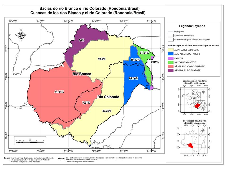 Municípios e suas
porcentagens dentro da área de atuação do CBH dos Rios Branco e Colorado