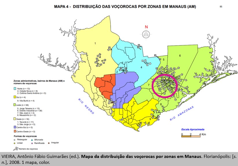 Mapa da
distribuição das voçorocas por zonas em Manaus. Florianópolis, 2008.