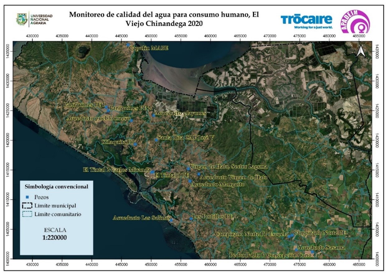 Mapa de ubicación de fuentes de agua evaluadas en el municipio El Viejo,
Chinandega, Nicaragua.