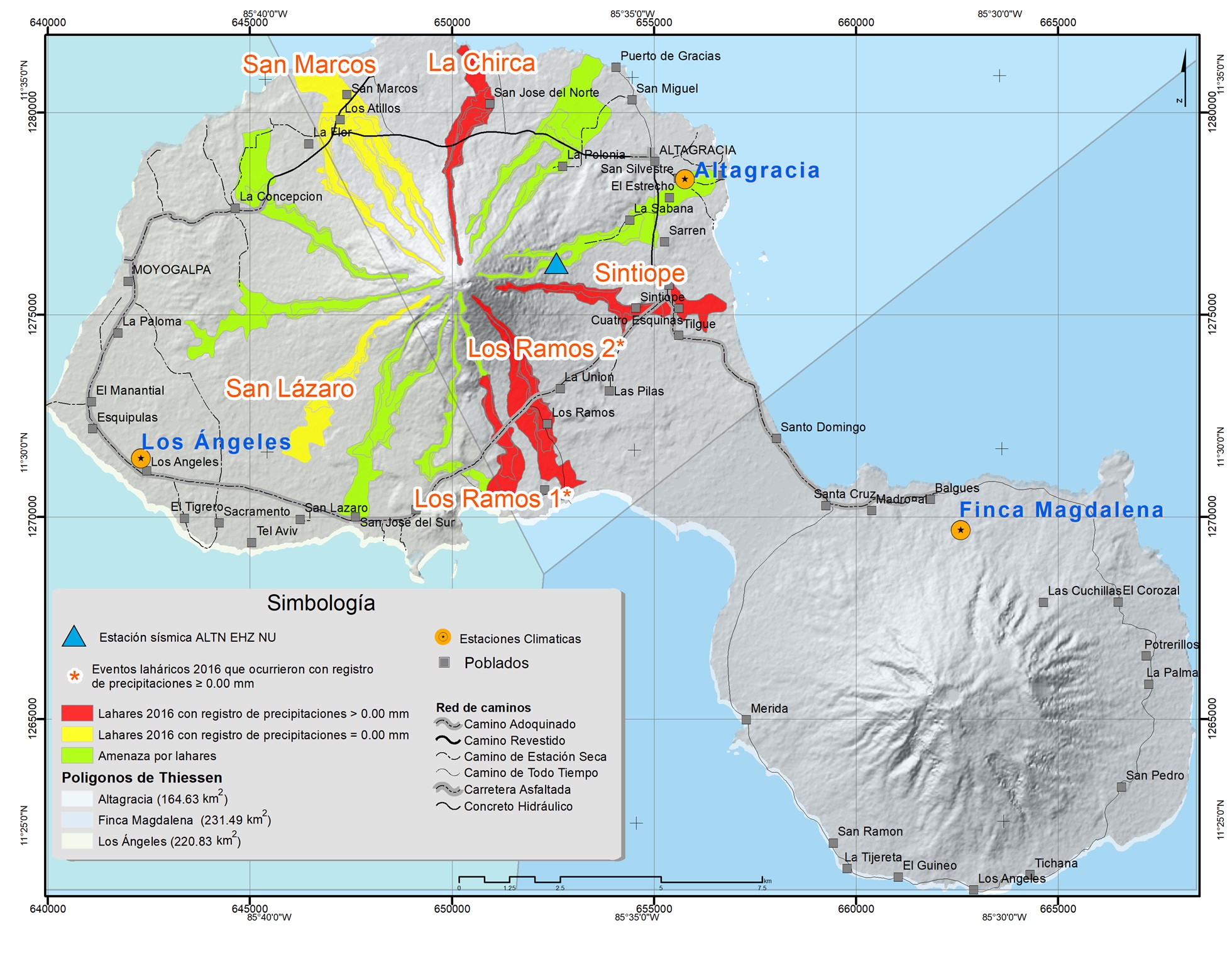 Ubicación de estaciones meteorológicas, mapeo de lahares
ocurridos durante el 2016 y áreas del estudio del mapa de amenaza de lahares
establecido por SINAPRED (2005).