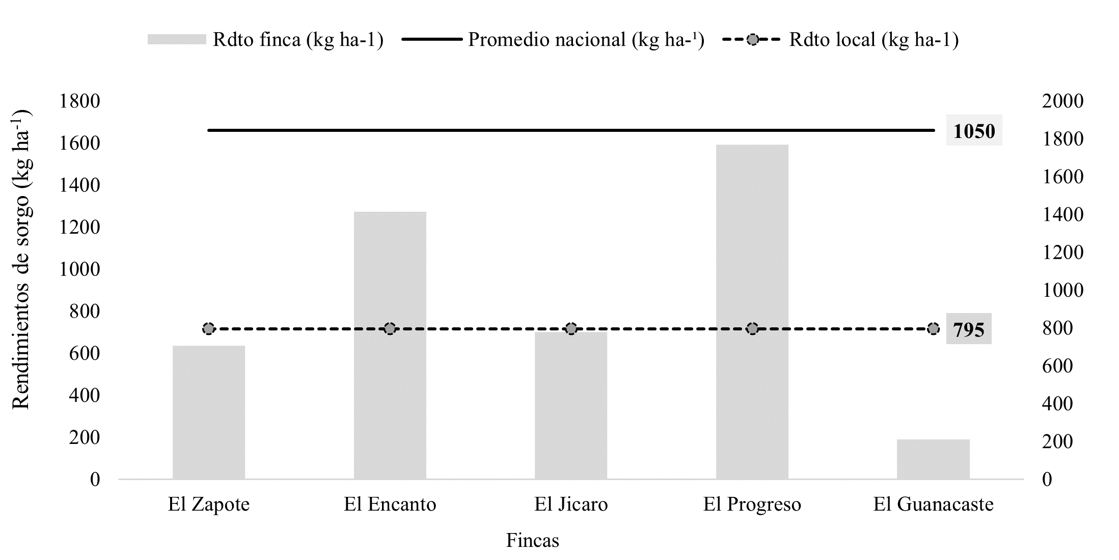 Relación del rendimiento (kg ha-1) del
cultivo de sorgo por finca en relación al promedio local y nacional.
