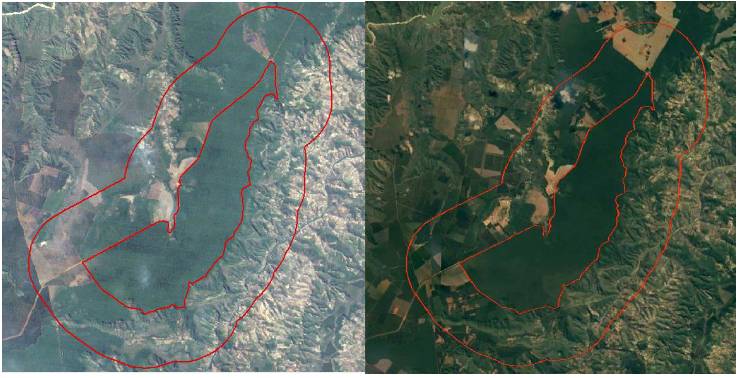 Imagens comparativas da Estação Ecológica da Acauã, 1985 (à esquerda) e 2016
(à direita).