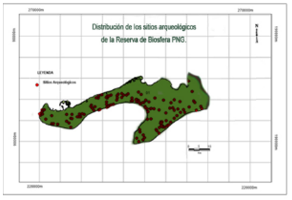 Distribución de sitio
arqueológicos reportados en la Reserva de la Biosfera Península de
Guanahacabibes.