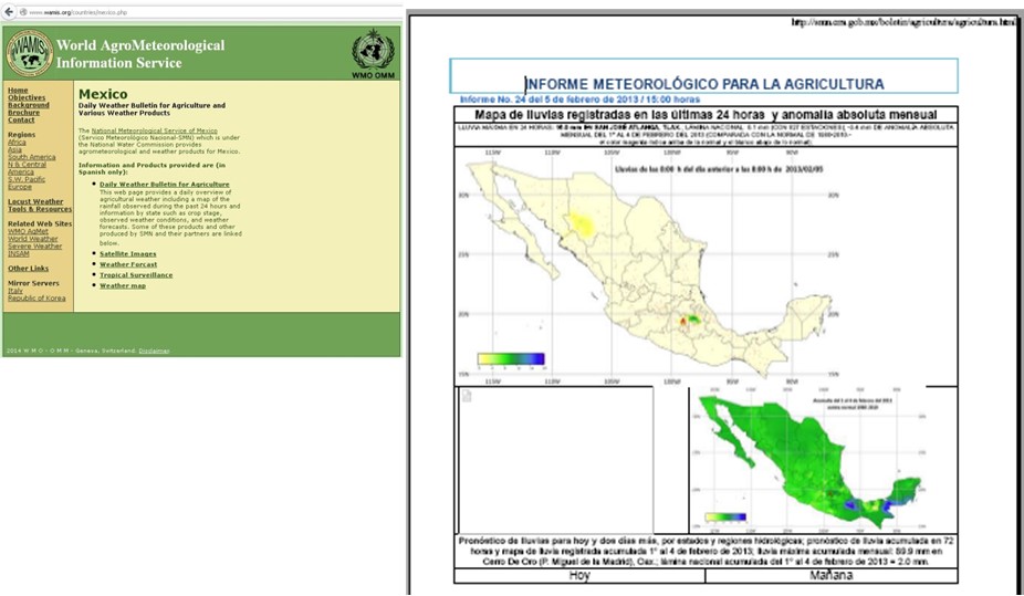 Enlace particular de WAMIS hacia México país, que abre directamente la publicación de sus informes para la agricultura. 

 