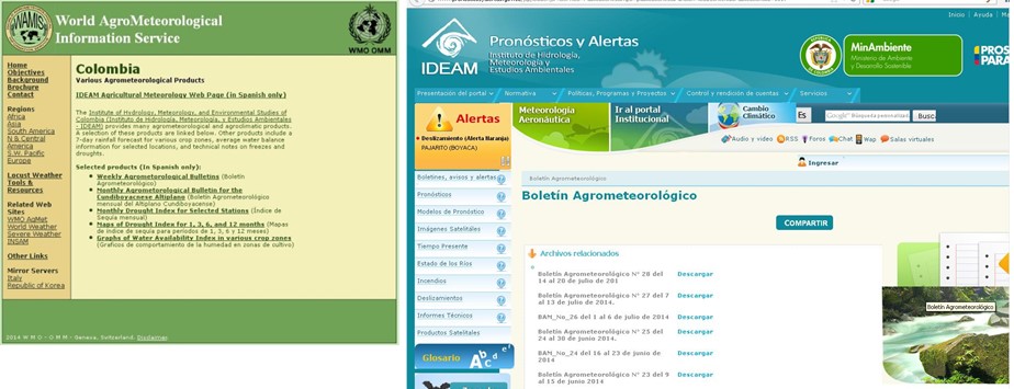  Enlace particular de WAMIS hacia Colombia país,
que abre directamente la publicación de sus boletines agrometeorológicos. 

 
