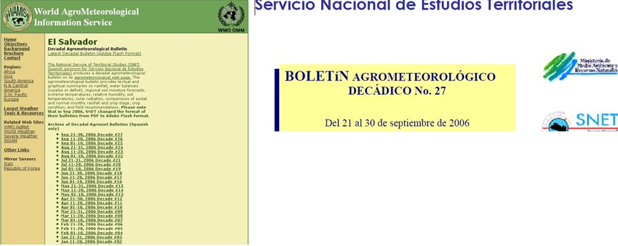 Enlace particular de WAMIS hacia El Salvador, que abre directamente la publicación de sus boletines agrometeorológicos.