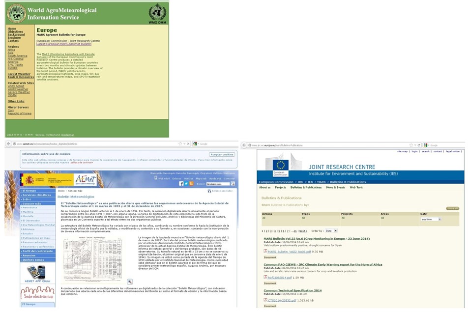 Enlace particular de WAMIS
hacia Europa en general, España se muestra en el contexto europeo. Abre directamente la publicación de sus
boletines agrometeorológicos preparados por el grupo de Monitoreo Agrícola y Sensoramiento Remoto (MARS) del Centro Común de Investigaciones de la Unión Europea (JRC).