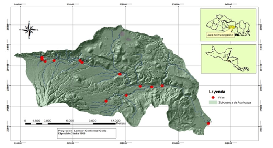 Ubicación de puntos de muestreos en
los ríos de la Subcuenca del río Acahuapa