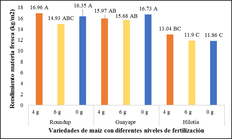 Rendimiento de materia fresca de las variedades
maíz con diferentes niveles de fertilización utilizados.