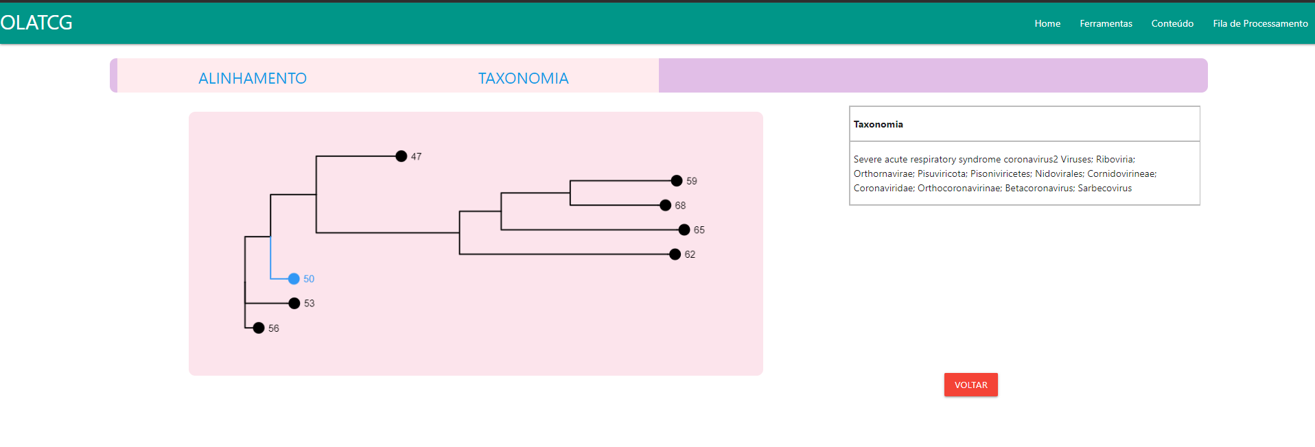 Visualização da tela de resultados de árvore filogenética do OLATCG