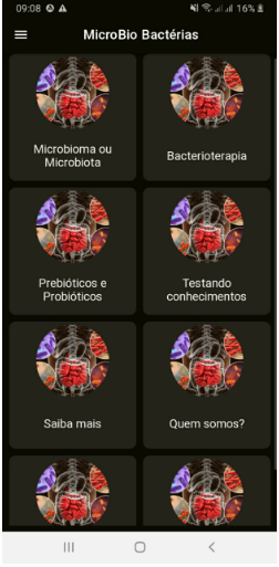 Print da
tela inicial do aplicativo MicroBio Bactérias