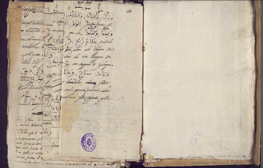 Inicio
del manuscrito árabe nº 7887 de la Biblioteca Nacional de España tal y como se
presenta en la copia digitalizada que proporciona la institución y donde se
observa la existencia de un número indeterminado de hojas de papel plegadas.