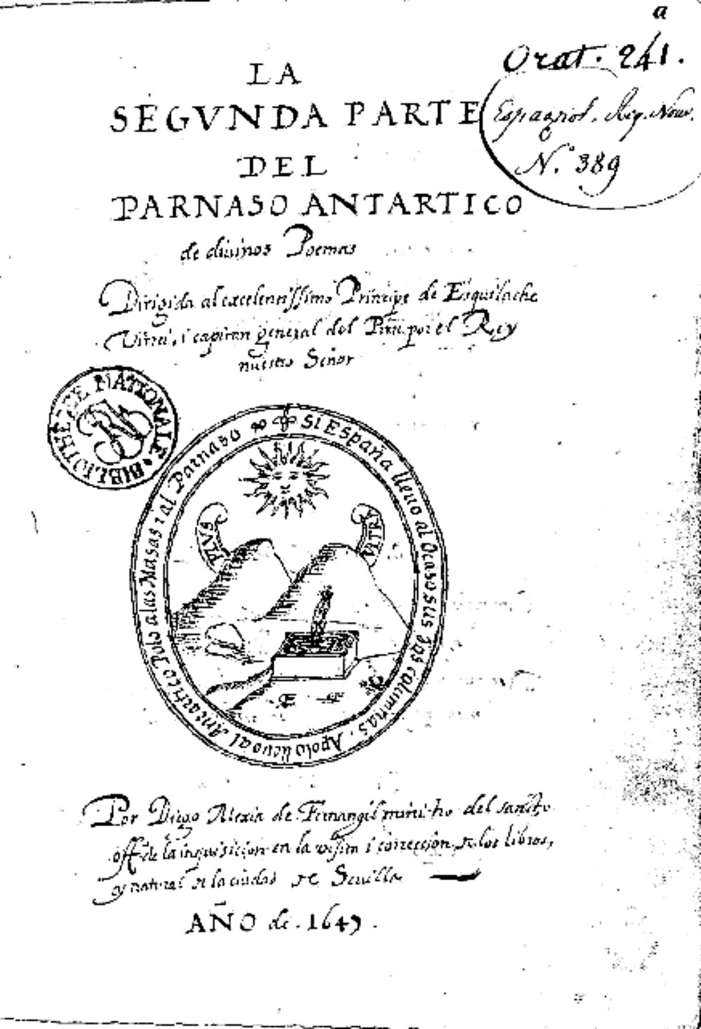 Portada del manuscrito de La segunda parte del Parnaso Antártico de divinos poemas