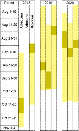 Time of flower opening light yellow and predominance of inflorescences in BBCH 65 dark yellow in ‘Arbequina’ ‘Arbosana’ and ‘Koroneiki’ olive trees in 3 years in Chapecó Brazil