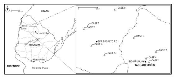 Territorial location of case
studies in northern Uruguay*